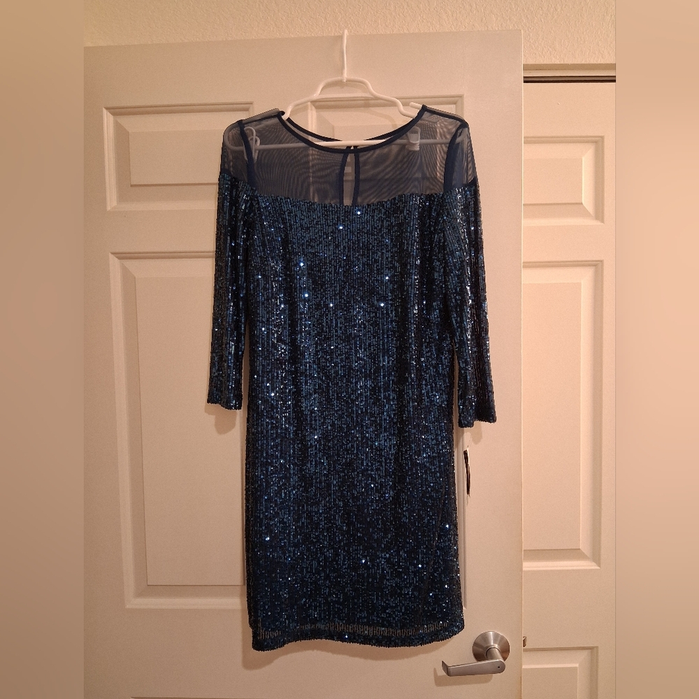 R&M Richards Cocktail Dress Sequin Blue Size 10P NWT